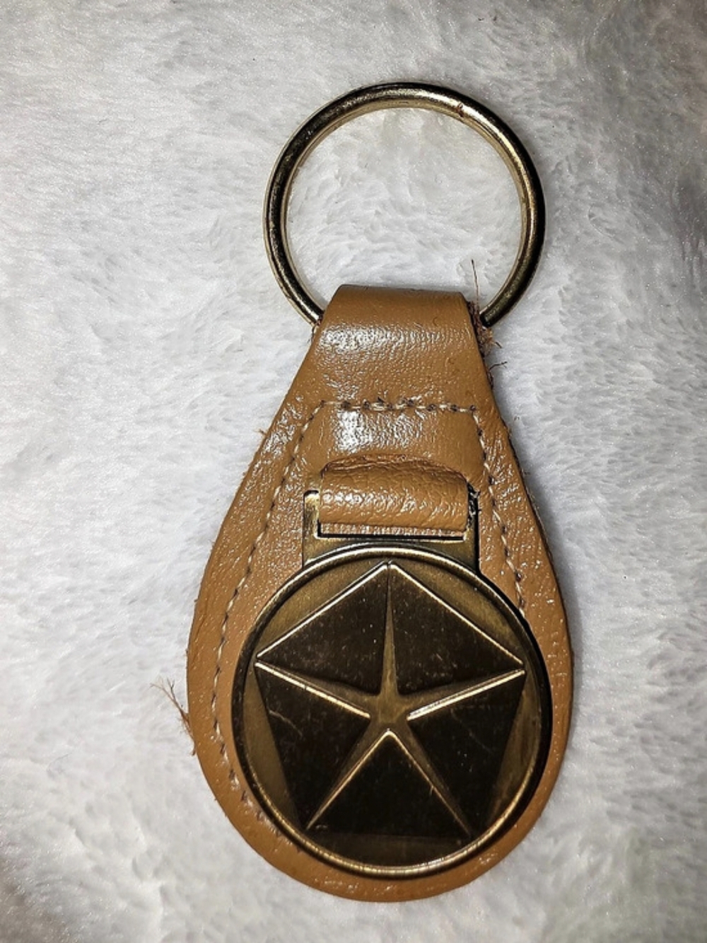 Vintage Chrysler Brown Leather Key Ring Fob